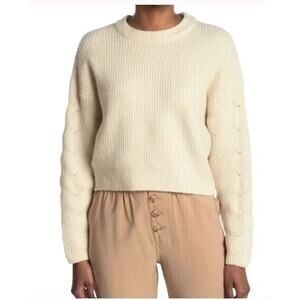 Elodie Women's Pointelle Sleeve Crew Neck Rib Knit Sweater in Ivory Large $49